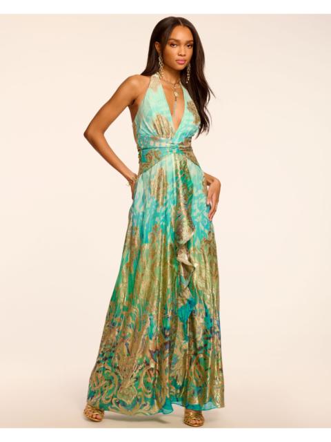 RAMY BROOK Stephanie Jacquard Plunging Halter Gown