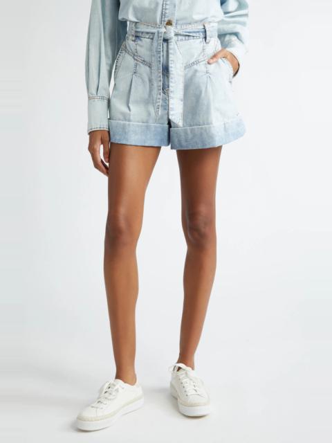 Belted Pleated Denim Shorts