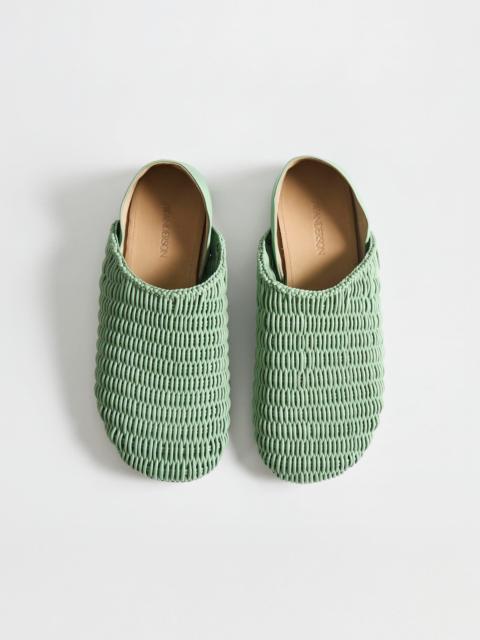 JW Anderson WOMENS SLIPPER MULES IN SAGE-GREEN WOVEN LEATHER