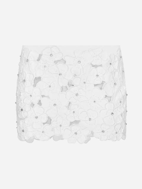 Dolce & Gabbana Cotton miniskirt with floral embroidery and rhinestone embellishment