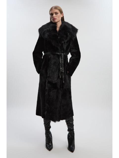 KAREN MILLEN Reversible Shearling & Leather Belted Maxi Coat