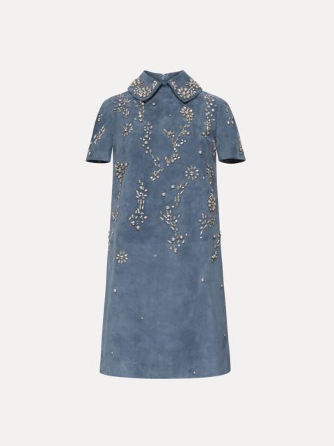 Oscar de la Renta CRYSTAL EMBROIDERED SUEDE SHIFT DRESS