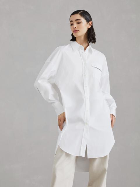 Stretch cotton poplin long shirt with shiny pocket detail