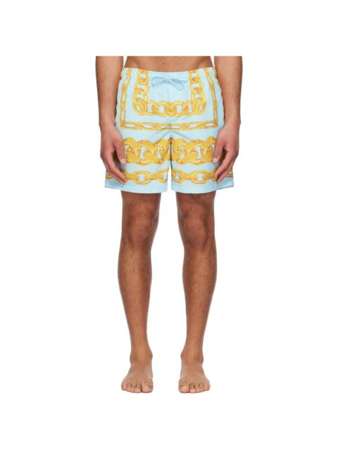 VERSACE Blue & Yellow Medusa Chains Swim Shorts