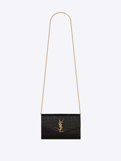 SAINT LAURENT uptown chain wallet in crocodile-embossed leather