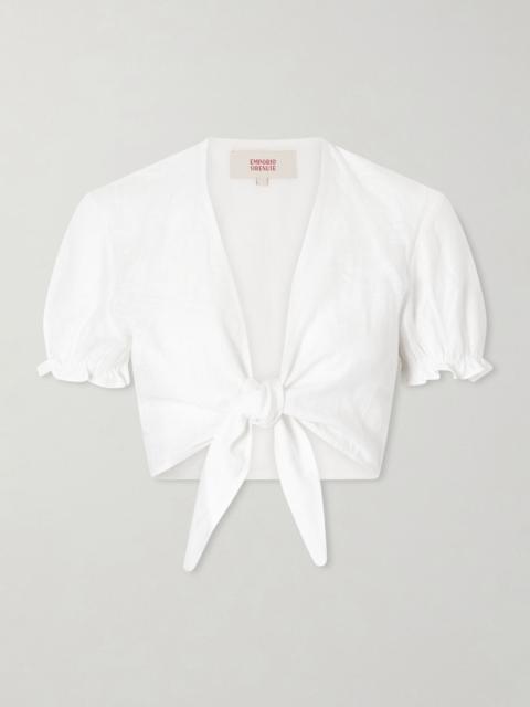 EMPORIO SIRENUSE Poppy knotted linen cropped top White