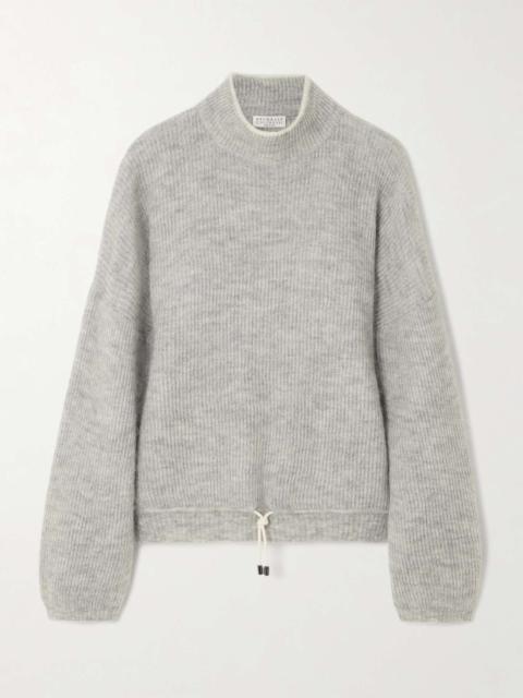 Tie-detailed ribbed mohair-blend turtleneck sweater