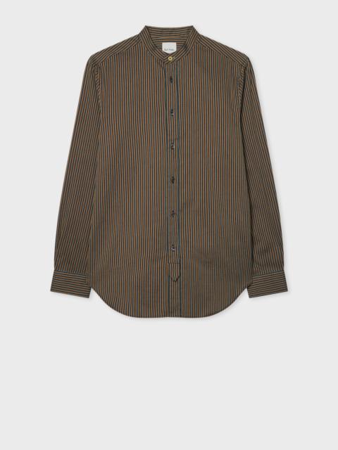 Paul Smith Navy and Brown Stripe Grandad-Collar Shirt