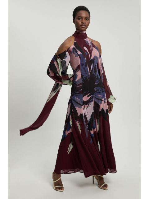 KAREN MILLEN Photographic Floral Crinkle Georgette High Neck Cold Shoulder Woven Maxi Dress