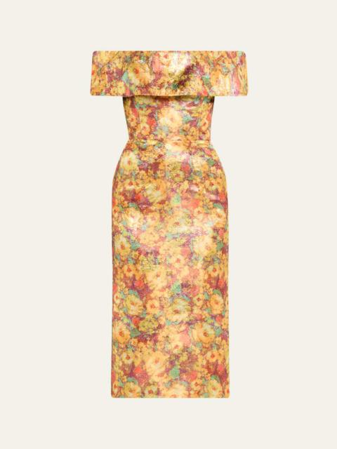 markarian Gloria Metallic Floral Jacquard Off-The-Shoulder Dress