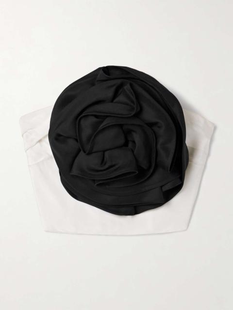 CAROLINA HERRERA Strapless cropped appliquéd pleated silk-twill top Black