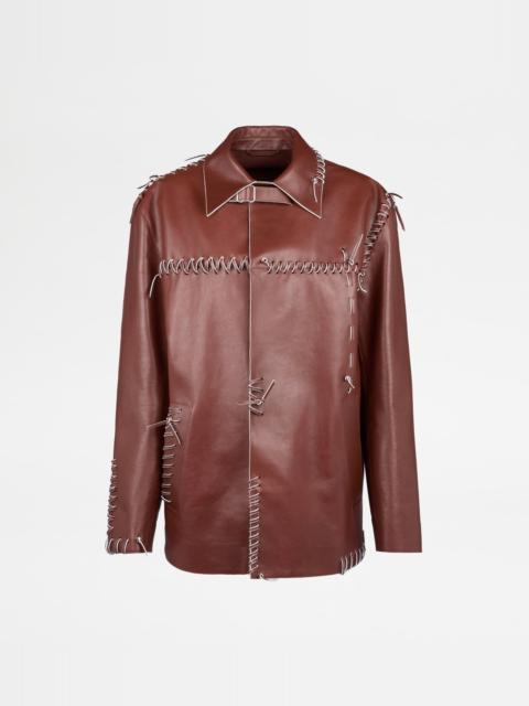 Tod's JACKET IN LEATHER WITH THREADING - BROWN