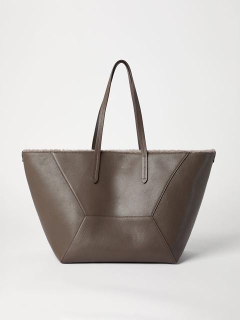 Classic leather shopper bag with shearling lining and monili