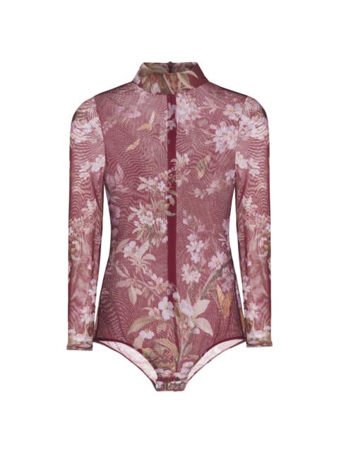 PatBO Women's Delicata Floral Mesh Bodysuit - Dark Red