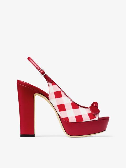 JIMMY CHOO Ziva 120
Ruby Red Mix Gingham Cotton Platform Sandals with Bow