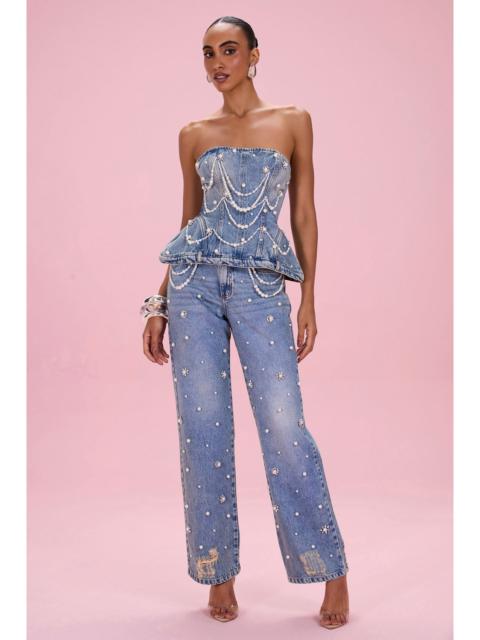 PatBO CRYSTAL DENIM EMBROIDERED PANT
