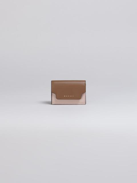 Marni TRI-FOLD WALLET IN BROWN PINK AND BURGUNDY SAFFIANO LEATHER