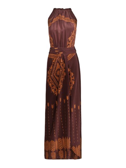 Edige of Fine Printed Silk Maxi Dress brown