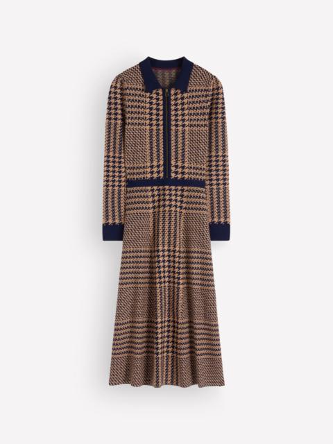 BODEN Fiona Zip Front Knitted Dress-Camel and Navy Check