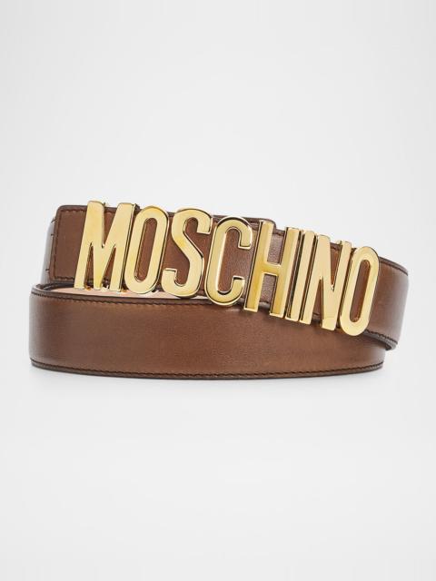 Moschino Men's Lettering Logo Leather Belt, Chocolate