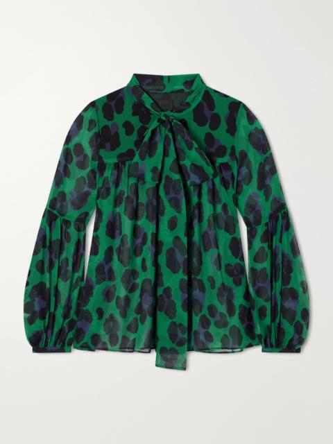 ANNA SUI Knotted gathered leopard-print georgette blouse Emerald