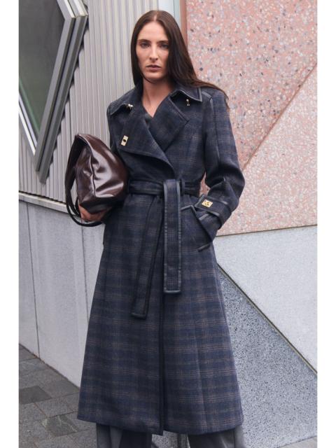 KAREN MILLEN Brushed Wool Check & Pu Trim Belted Tailored Double Breasted Midi Coat