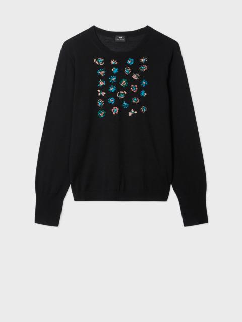 Paul Smith Women's Black Merino Wool Sweater with Floral Embroidery