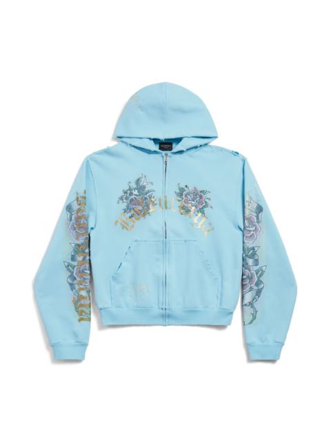 BALENCIAGA Women's Tacky Tattoo Zip-up Hoodie Small Fit in Light Blue