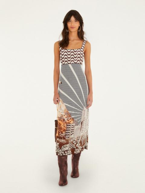 FARM RIO Mixed Carioca Coffee Scarves Sleeveless Midi Dress