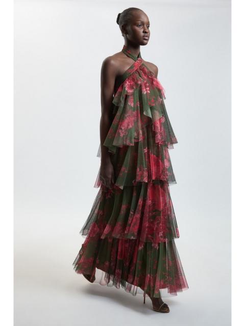 KAREN MILLEN Floral Print Layered Tulle Halterneck Maxi Dress