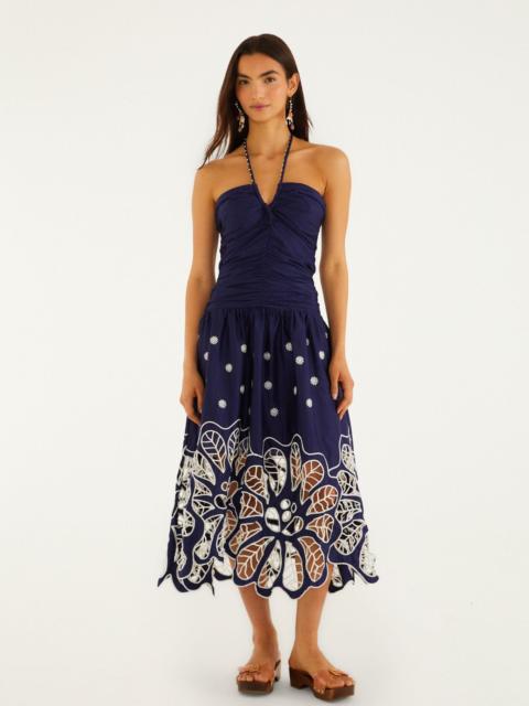 FARM RIO Navy Blue Embroidered Richelieu Midi Dress