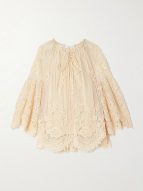 Zimmermann Hypnotic tie-neck flocked lace blouse Cream