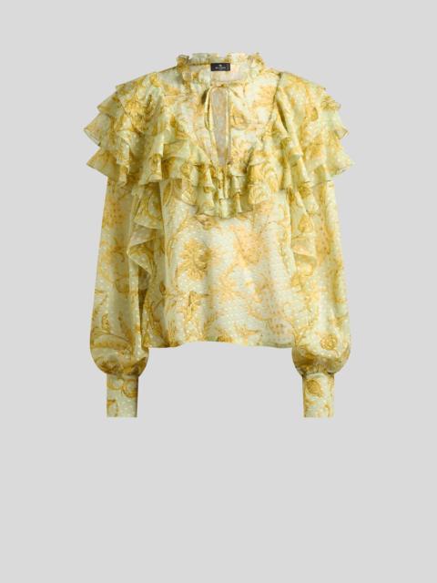 Etro SILK DOTTED SWISS BLOUSE WITH FLOUNCES AND FLORAL MOTIF