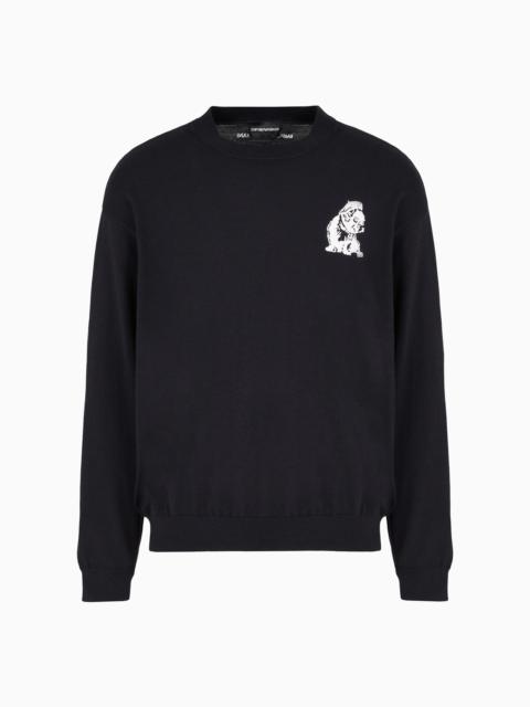 EMPORIO ARMANI Plain-knit virgin-wool jumper with French bulldog embroidery