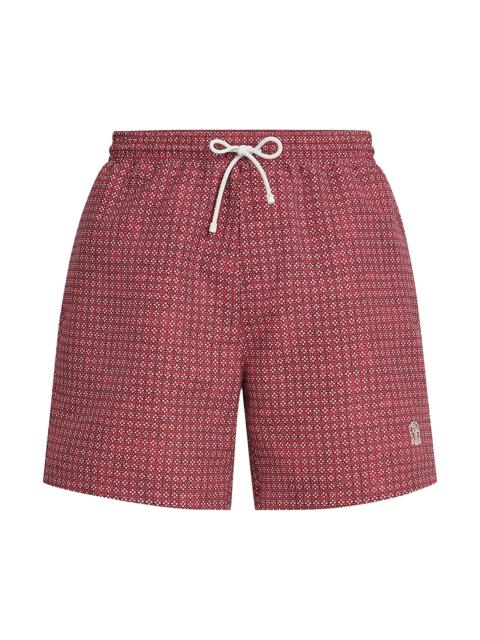 Brunello Cucinelli Men's Flower Print Nylon Swim Shorts - Cherry