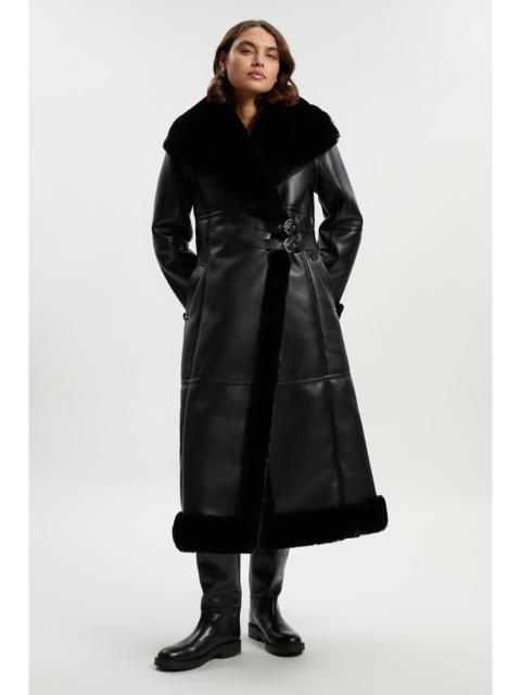 KAREN MILLEN Faux Shearling Oversize Collar Buckle Midi Coat