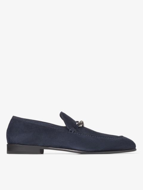 JIMMY CHOO Marti Reverse
Navy Velvet Suede Loafers with Chain Embellishment