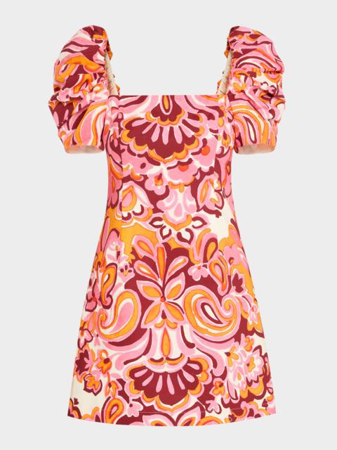 Cara Cara Kelly Blue Tile Print Puff-Sleeve Dress
