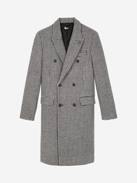 The Kooples LONG BLACK AND WHITE WOOL HOUNDSTOOTH COAT