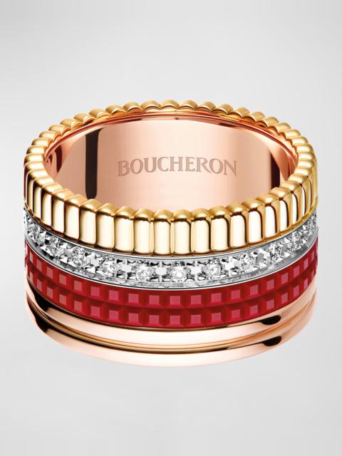 Boucheron Quatre Large Ring in Tricolor Gold with Red Ceramic and Diamonds, Size 53