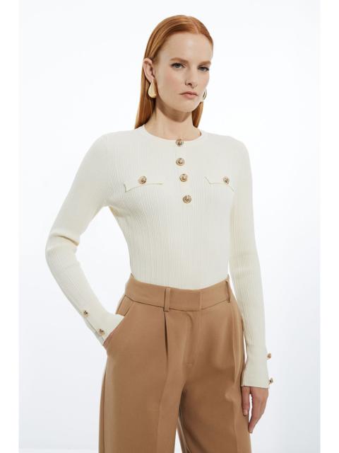KAREN MILLEN Petite Military Trim Rib Long Sleeve Knit Top