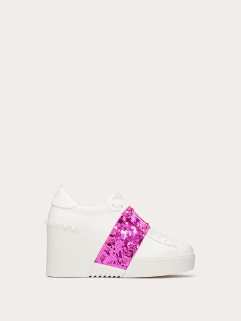 Valentino OPEN DISC WEDGE SNEAKER IN CALFSKIN WITH SEQUIN EMBROIDERY 85MM