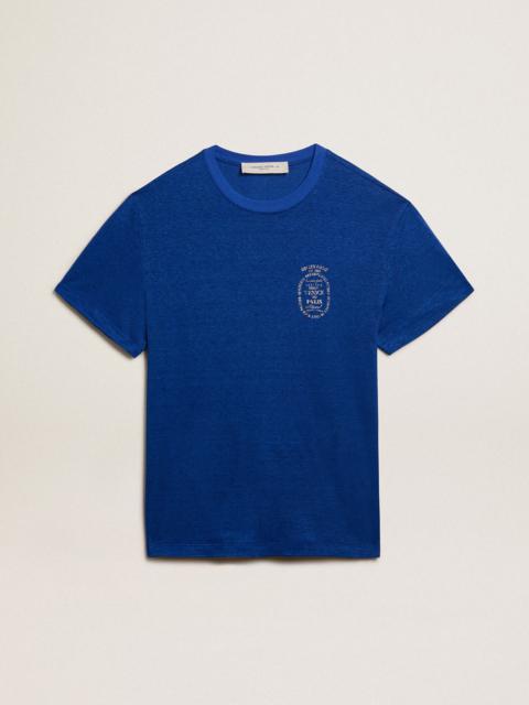 Golden Goose Men’s blue-colored linen T-shirt with print on the chest