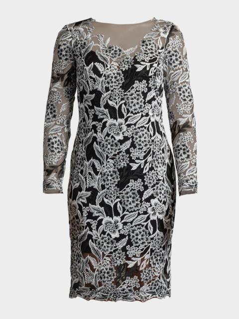 TADASHI SHOJI Floral-Embroidered Illusion Midi Dress
