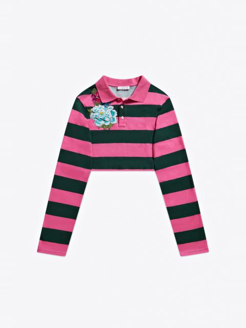 AREA EMBROIDERED FLOWER RUGBY STRIPE LONG SLEEVE CROPPED POLO