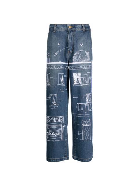 Fire Escape embroidered straight-leg jeans