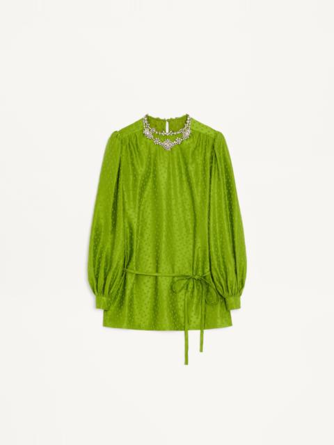 Valentino EMBROIDERED SILK-LINEN PLUS DE POIS JACQUARD TOP