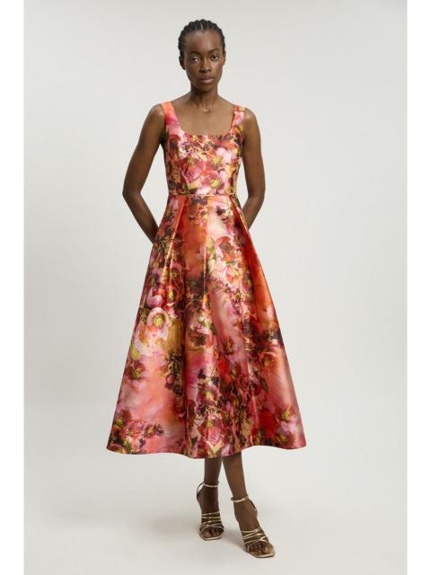 KAREN MILLEN Jacquard Twill Orange Floral Print Corseted Woven Maxi Dress