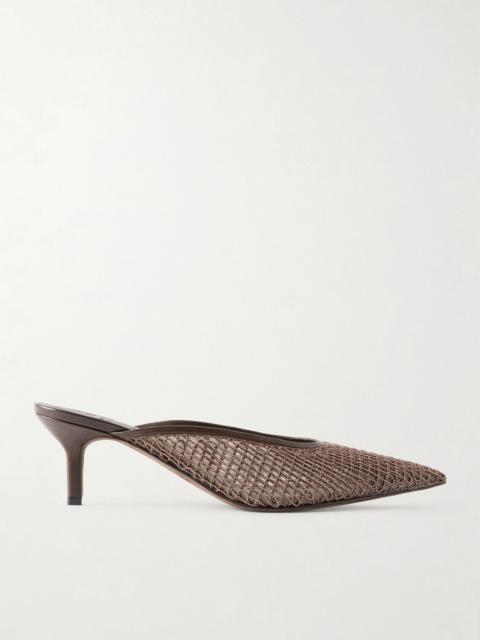 Brunello Cucinelli 55 Bead-embellished leather-trimmed mesh mules Dark brown