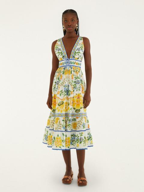 FARM RIO Off-White Emily Floral Tapestry Rope Ties Midi Dress